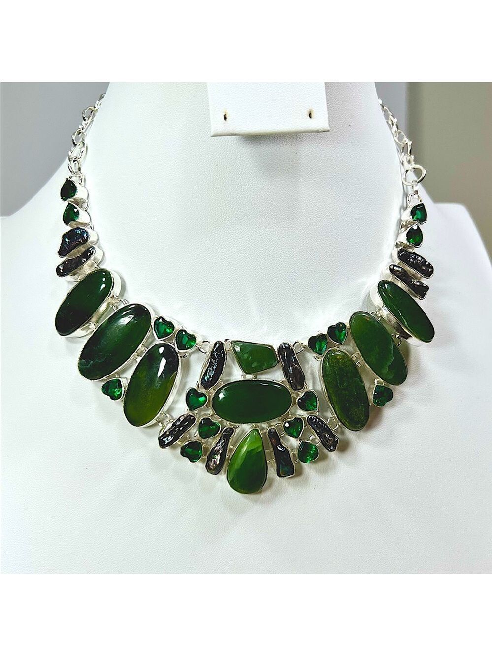 Set Nephrite Jade Large 925 Gemstone Necklace & Large bracelet Set